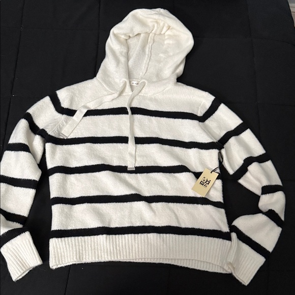 Max Studio Sweaters - Max Studio Black and Cream Striped Hooded Sweater